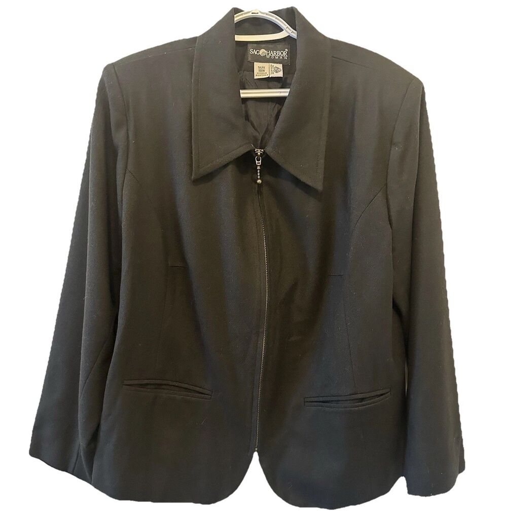 Sag Harbor Women’s 18W Black Zip Front Wool Blend Blazer Jacket Lined